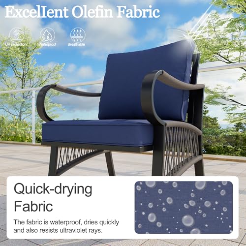 Image of 12 Pieces Patio Conversation Sets, All-Weather Metal Swivel Rocking Chairs with Rope Furniture Set, Outdoor Sofa Couch for Deck, Porch, Garden, Backyard, Poolside (Blue Cushions)