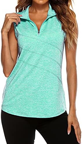 Tanst Sky Women's Workout Tops, Sleeveless Muscle Tank for Women Moisture Wicking Quarter Zip Stretchable Banded Running Shirts Solid Color Stylish Tennis Golf Yoga Blouses Green Large