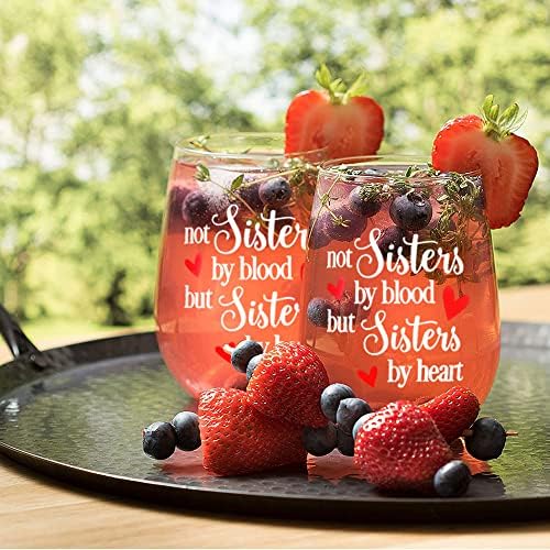 Yalucky Stemless Wine Glass 'Not Sisters by Blood but Sisters by Heart' Funny Sayings Best Friend Personalised Gifts Friendship Gin Glass Birthday Present Idea for Women Bestie Gifts Party Decor