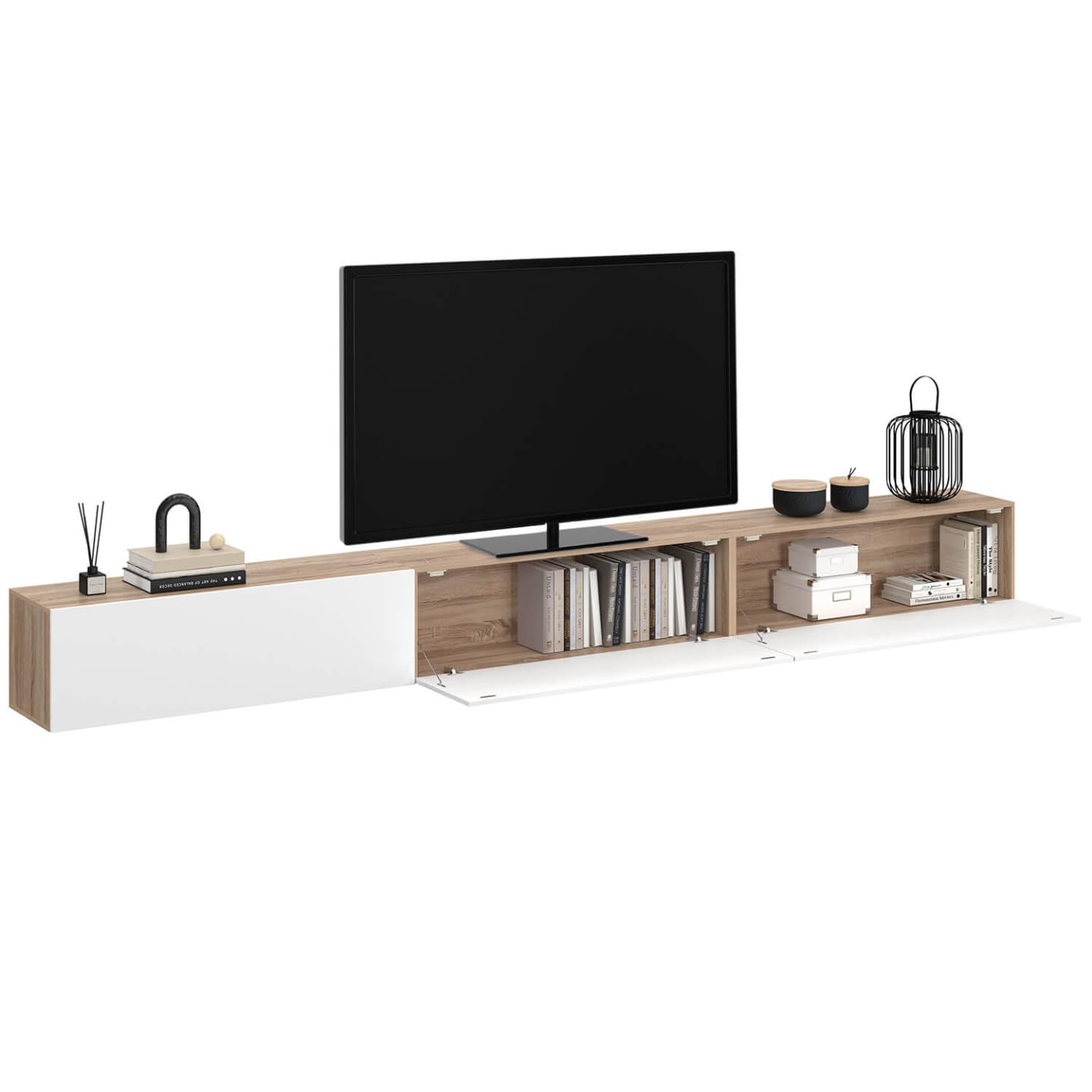IDMarket - Meuble TV 300 cm Suspendu Elio 3 Portes Bois et Blanc