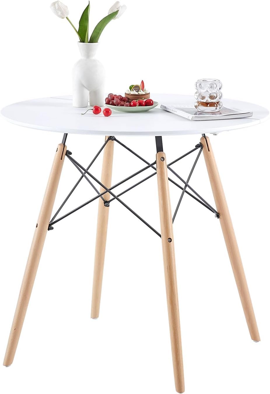 H.J WeDoo Set aus Runder Esszimmertisch mit 4 Weißer Stühlen, Esszimmergruppe für Küche Esszimmer Büro