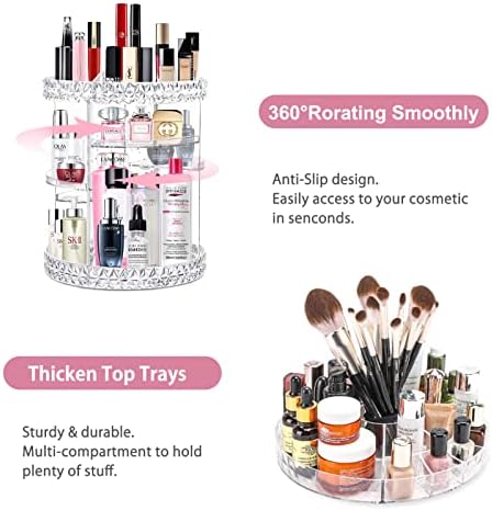 V-HANVER Acrylic Makeup Organiser, Cosmetic Storage and Vanity Perfume Organizer in Countertop Bathroom Dresser, 360 Rotating Makeup Holder Stand for Beauty Caddy Skincare & Clear & Diamond Pattern
