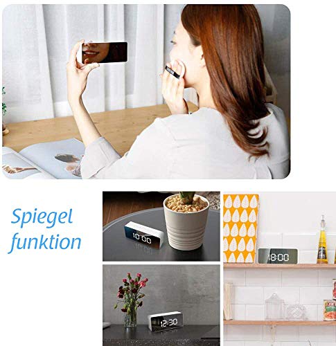 JSTH Digital Alarm Clock, Bedside Clocks with Snooze Time Temperature Mirror Surface Function LED Clock for Office USB Powered & Battery Backup Powered(White)