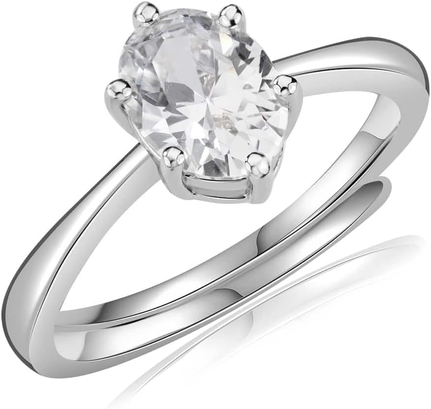 MISS JO92.5 Sterling Silver Oval Solitaire Sparkler Ring, Adjustable Engagaement Ring, Elegant Whites Collection, Gift for Girls and Women, BIS Hallmarked