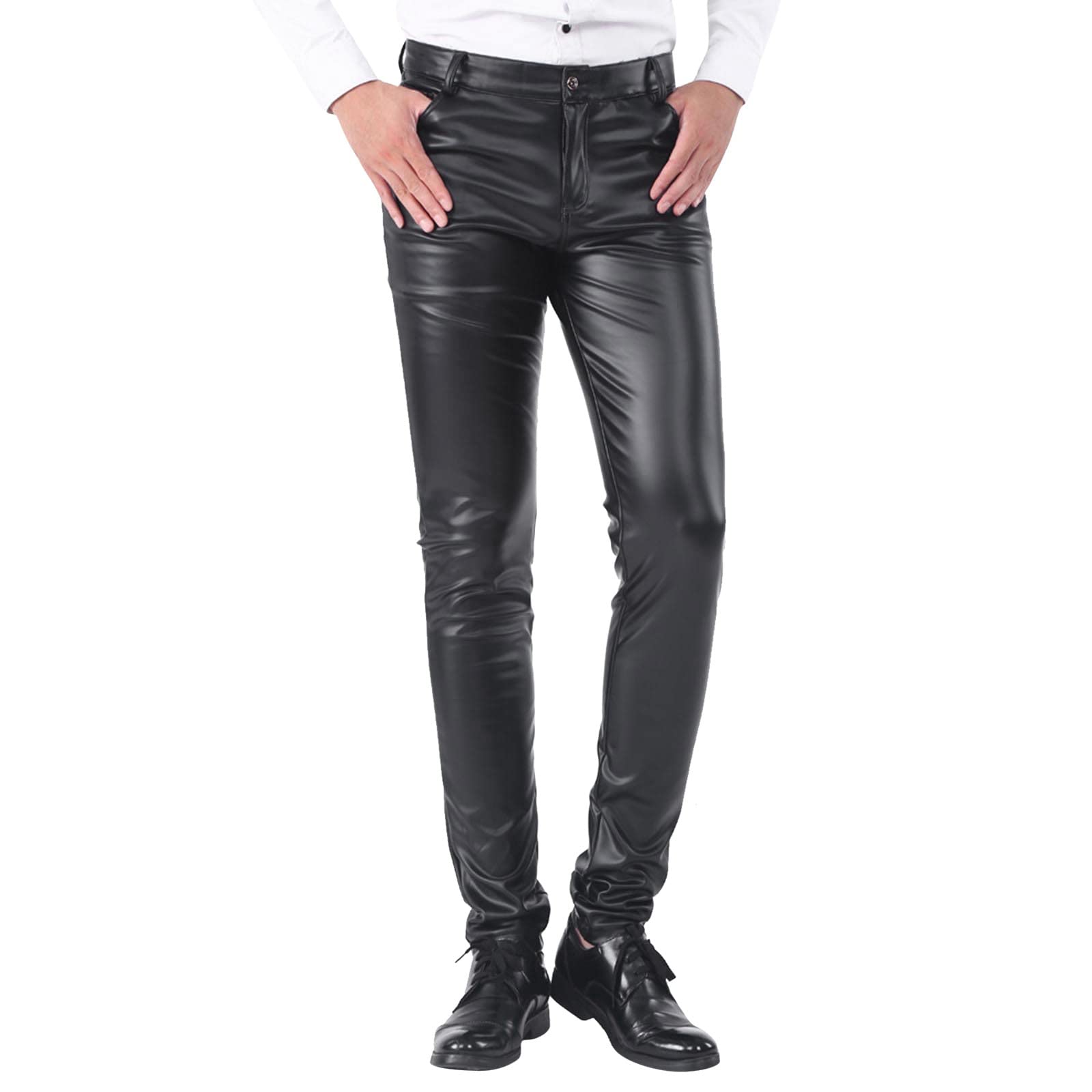 2026 Pantalones de cuero de corte estrecho para hombre Leggings color elástico tendencia motocicleta pantalones de cuero