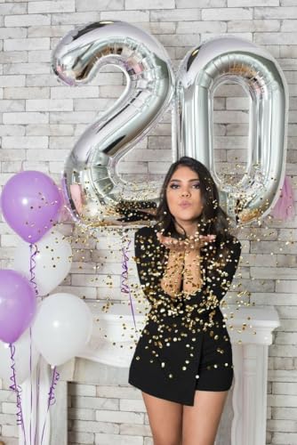 Image of Silver Number 20 Balloon 40 inch, 20 Number Balloons, 20th Silver Birthday Decorations, 20 Year Old Silver Party Supplies