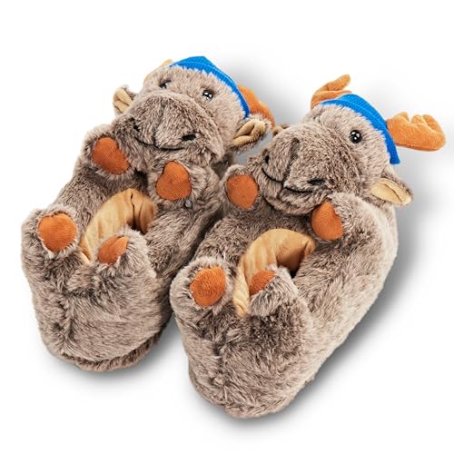 ooohyeah Kids Cute Animal Fuzzy Slippers, Funny Moose Cozy Non-Slip House for Boys & Girls, Dash, Size 1-4