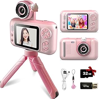Kids Camera, Children Digital Selfie Camera with 40MP Video Camcorder Toys, 180° Flip 1080P HD Video Camera for Kids with 32GB SD Card and Selfie Stick, Gift for 6-12 Year Old Girls and Boys (Pink)