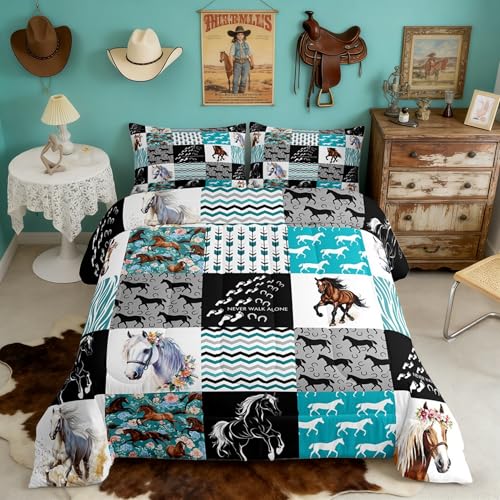 Horse Bedding,Western Farmhouse Horse Comforter Set For Girls Twin Bed,Boho Arrow Teal Zebra Stripe Comforter For Kids Boys Women,Rose Flower Rustic Cowboy Quilt Duvet sets 1 Pillowcases Black White