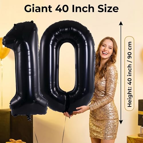 Image of Number 10 Balloon Foil Mylar Balloons for Birthday Party Decoration (Black, 40 Inch)