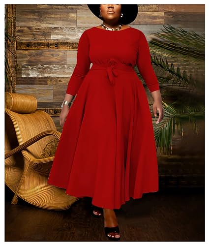 Image of Hostoyo Women Plus Size Formal A Line Maxi Dress Self Tie Waist with Pockets Elegant Round Neck Swing Long Dresses