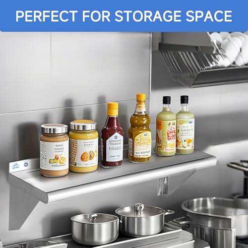 Image of ROCKPOINT Stainless Steel Shelf 18 x 48 Inches 400lb, 2 Pack NSF Commercial Wall Mount Floating Shelving with Backsplash for Restaurant, Kitchen, Home and Hotel, Silver