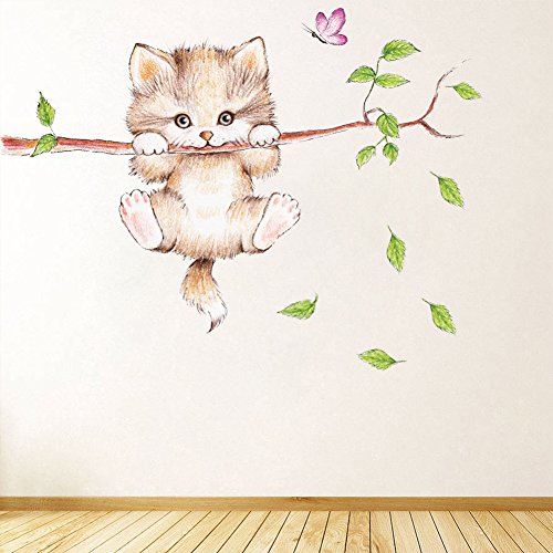 Woodland Arts Wland 28 Inches X 22 Inches Cartoon Cute Cat On The Tree Branches Wall Decals Wall Stickers Decor Girls Bedroom Decal Kids Nursery Sticker Bathroom Playroom #TOP3