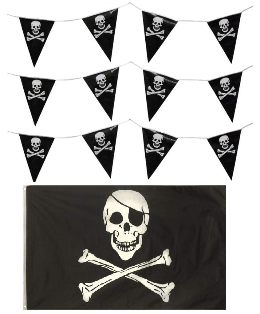 4 Metre Pirate Jolly Roger Skull & Crossbones Bunting & 5ft x 3ft Flag Party Set