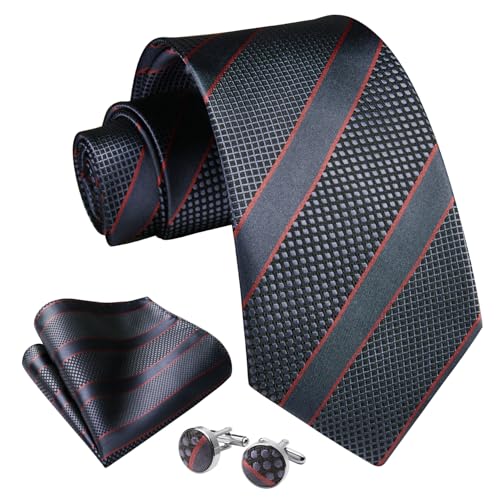 Image of Enlision Mens Ties Stripe Tie and Pocket Square Set Classic Formal Woven Neckties Handkerchief Cufflinks Wedding