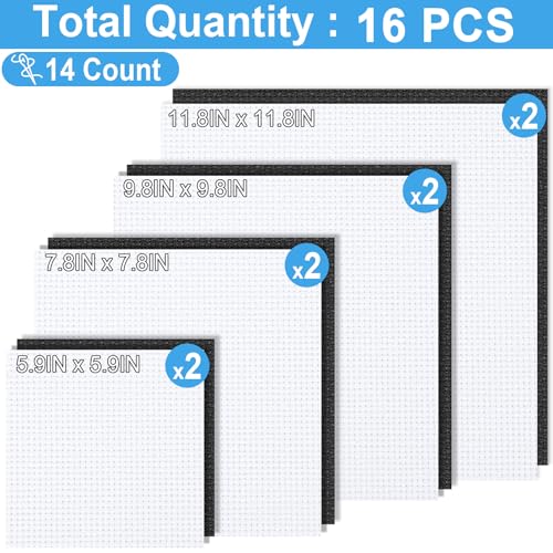 Image of MYFAMIREA 16PCS Cross Stitch Fabric, 4 Sizes Aida Cloth 14 Count White and Black Craft Embroidery Cloth Classic Reserve Cross Stitch for Home DIY Needlework Embroidery Decoration, 5.9 to 11.8inch