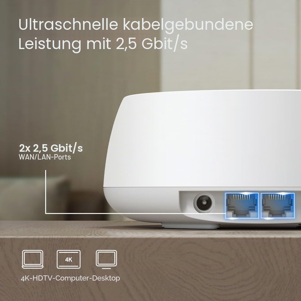 TP-Link Deco BE25 WiFi 7 Mesh WLAN(1 Pack), BE3600 Dual-Band Router und Access Point, 2 x 2.5 Gbit/s Ethernet Port, WPA3, 4 Streams, 160 MHz Kanäle, Gästenetzwerk, HomeShield
