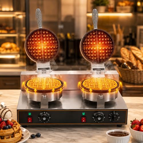 Image of Double Head Round Belgian Waffle Machine, Commercial Electric Waffle Maker Machine, Professional Belgian Waffle Baker for Cafe Bakery