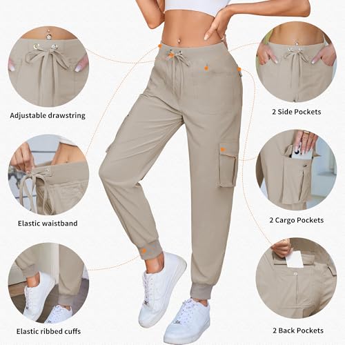 Damen Cargo Jogginghose Multifunktions Outdoor Wanderhose Lang Leichte High Waist Stretch Sport Trekkinghose Multi Taschen (B Khaki, L)