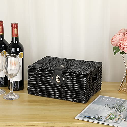 Hipiwe Decorative Storage Boxes With Lids & Lock Black Woven Basket Bin Built-In Carry Handles Plastic Shelf Basket Lidded Multifunctional Household Organizer Box For Clothes Toy Book Snack #TOP1