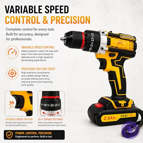 Image of ALF 21V Brushless Impact Drill Cordless Power Tool, High Torque Lithium-Ion Battery, Drill & Impact Driver with Variable Speed for DIY, Home Improvement & Professional Use.