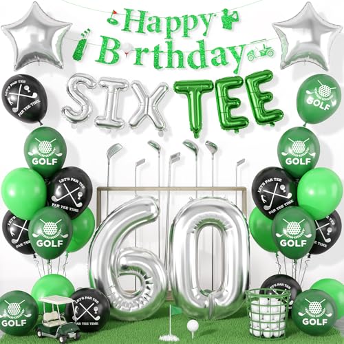 Image of 60th Golf Themed Birthday Decorations for Men 60th Party Decorations | Golf Print Balloons 60 Number Balloons Happy Birthday Banner SIX-TEE Banner 60 Foil Balloons