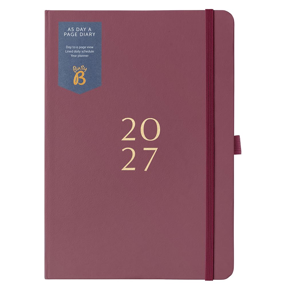 Busy B 2027 A5 Day-a-Page Diary - Burgundy - Gold Foil & Ribbon Marker