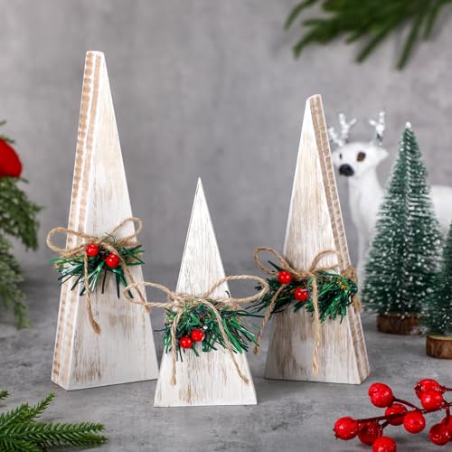 RattanView 3 Pcs Wooden Tree Tabletop Decor Winter Rustic Table Signs Wood Farmhouse Table Centerpieces Neutral White Tree Centerpieces for Holiday Winter Gift Home Party Decor