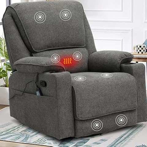 KIGOTY Swivel Rocker Recliner Chair with Heat and Massage,Ergonomic Recliner Chair with 2 Cup Holders, Manual Reclining Chair with Footrest for Living Room (Dark Grey) Cover