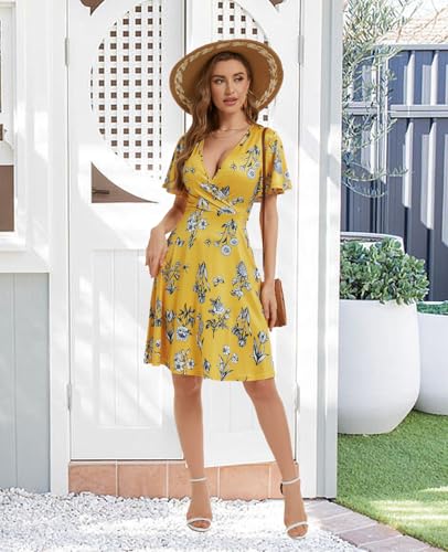 Image of Women Casual Summer Dress 2025 Beach Vacation Floral Sundress Short Sleeve Wrap V-Neck Modest Dresses