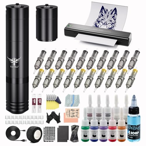 TATELF Completo Kit Profesional   Máquina Rotativa Inalámbrica 2 Baterías 1500mAh + Termocopiadora Bluetooth, 20 Agujas, 10 Tintas, Jabón Azul   para Principiantes