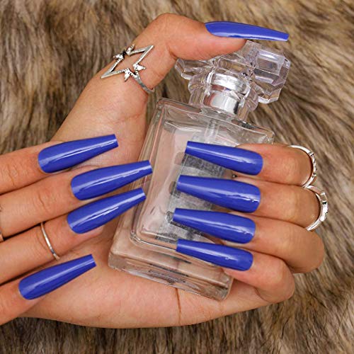 Harosy Coffin Press on Nails Extra Long Fake Nails Ballerina Glossy Full Cover Artificial Nails for Women and Girls 24Pcs (Royal Blue)