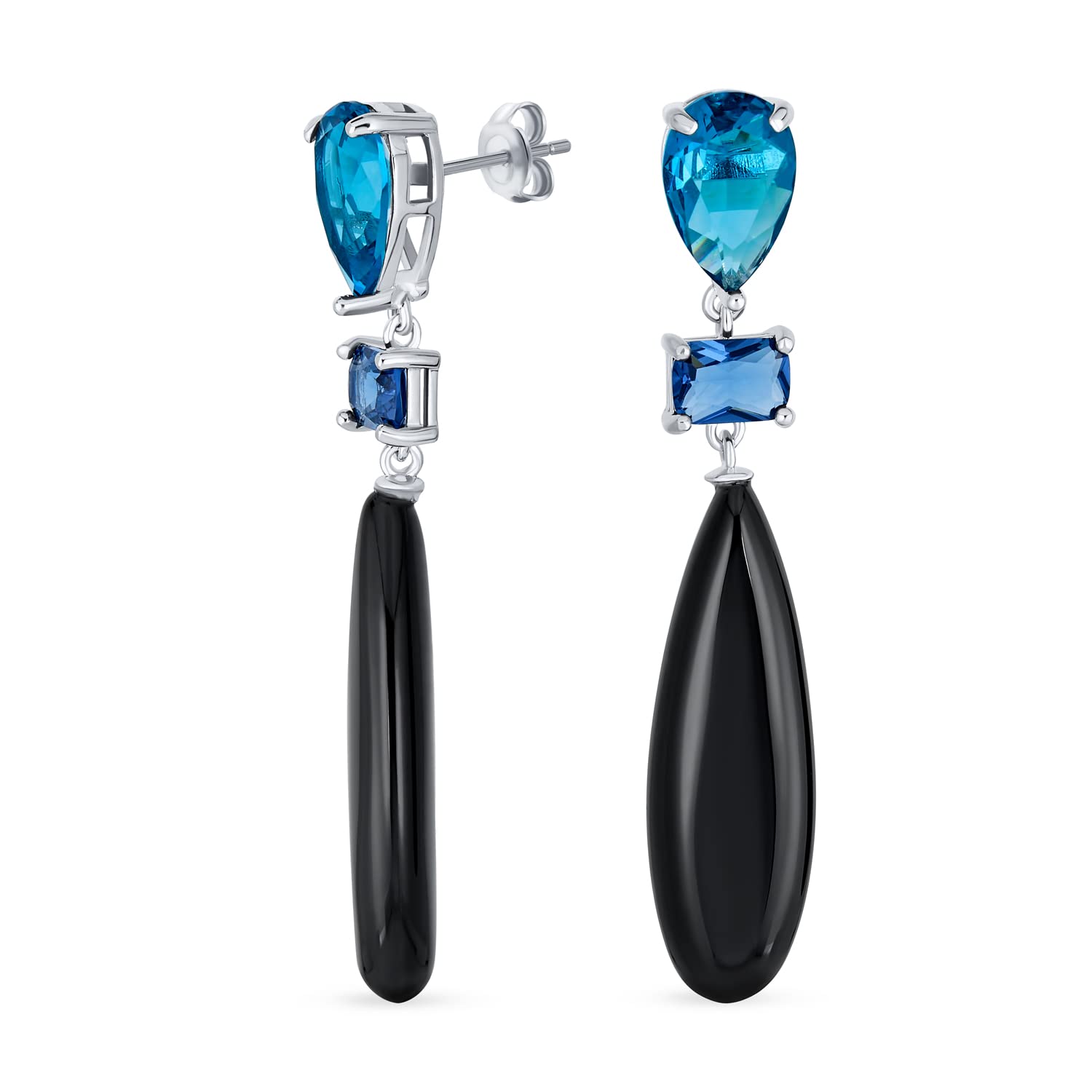 Orecchini Pendenti A Goccia Lunga E Allungata A Tre Livelli Colorati In Modo Lineare Con Pietre Preziose Naturali Di Onice Nero Turchese Blu Sodalite Navy E Quarzo Rosa Placcati In Argento Ideali