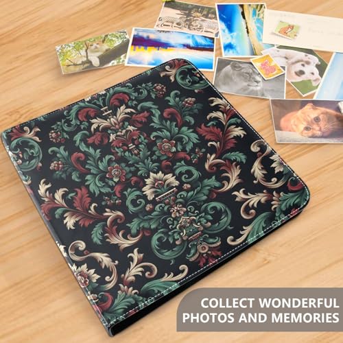 Álbum de fotos autoadhesivo de bricolaje tamaño 8x10 con cubierta de cuero PU rojo y negro, diseño barroco floral, 3 anillas, 40 páginas miniatura 5