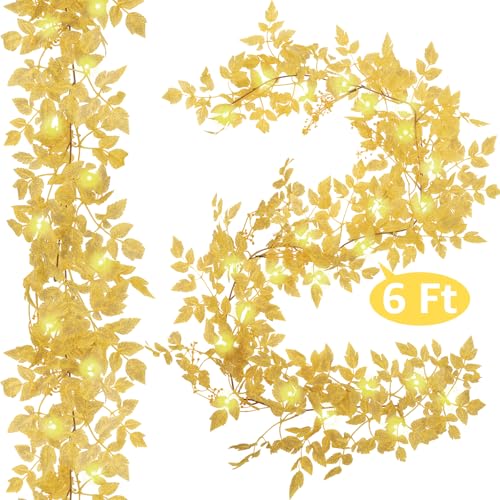 Image of Neutral Fall Garland for Mantle Fireplace - 2 Pack 6Ft Plum Cimicifuga Seeded Leaf Garlands Yellow Autumn Decor Table Decorations for Home Indoor Door Halloween Realistic Leaves Garlands Outdoor