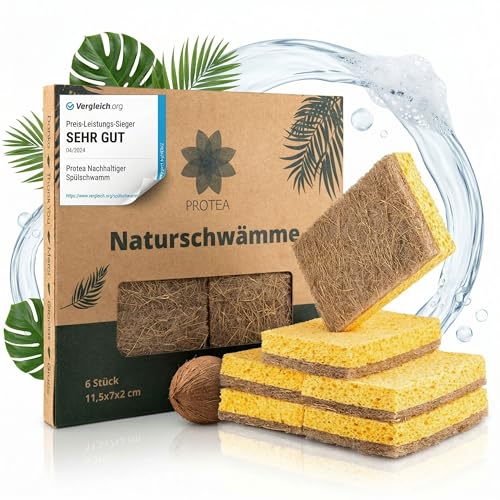 PROTEA Spugna per lavaggio sostenibile al cocco (set da 6) – spugna naturale riutilizzabile, spugna da cucina, spugna per la pulizia, biodegradabile e riutilizzabile