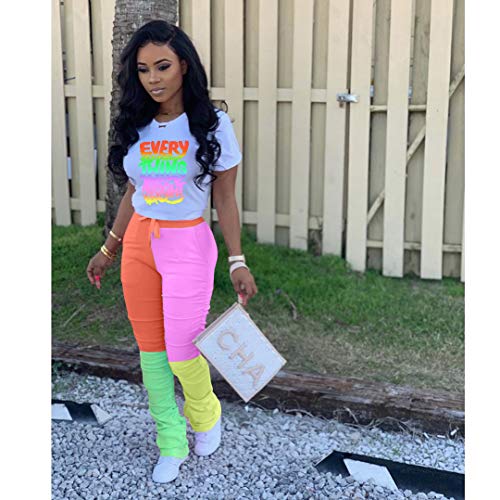 Casual 2 Piece Outfit Sets For Women Color Block Short Sleeve T-Shirts + Stacked Flare Pants Tracksuit Sweatsuit #TOP4