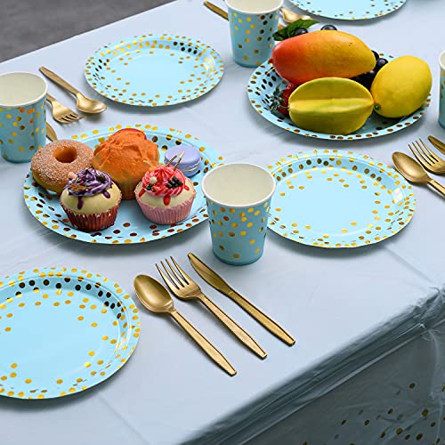 YAOSHENG Black and Gold Party Supplies 201 Pieces Golden Dot Disposable Party Dinnerware - Black Paper Plates Napkins Cups, Gold Plastic Forks Knives Spoons for Graduation, Birthday, Cocktail Party - Image 5