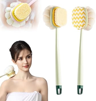 2-in-1 Bath Scrubber Back Brush,2025 New Shower Body Brush with Bristles and Loofah,Double-Sided Bath Back Scrubber with Long Handle for Women, Men, The Elderly Green A+B