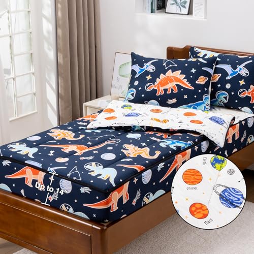 Image of Meeting Story Zipper Bedding Full Dinosaur Zip Up Bedding Set for Boys and Kids, 3 Pcs Comforter Bed in a Bag with Fitted Sheet and 2 Pcs Pillowcases(Navy,Full)