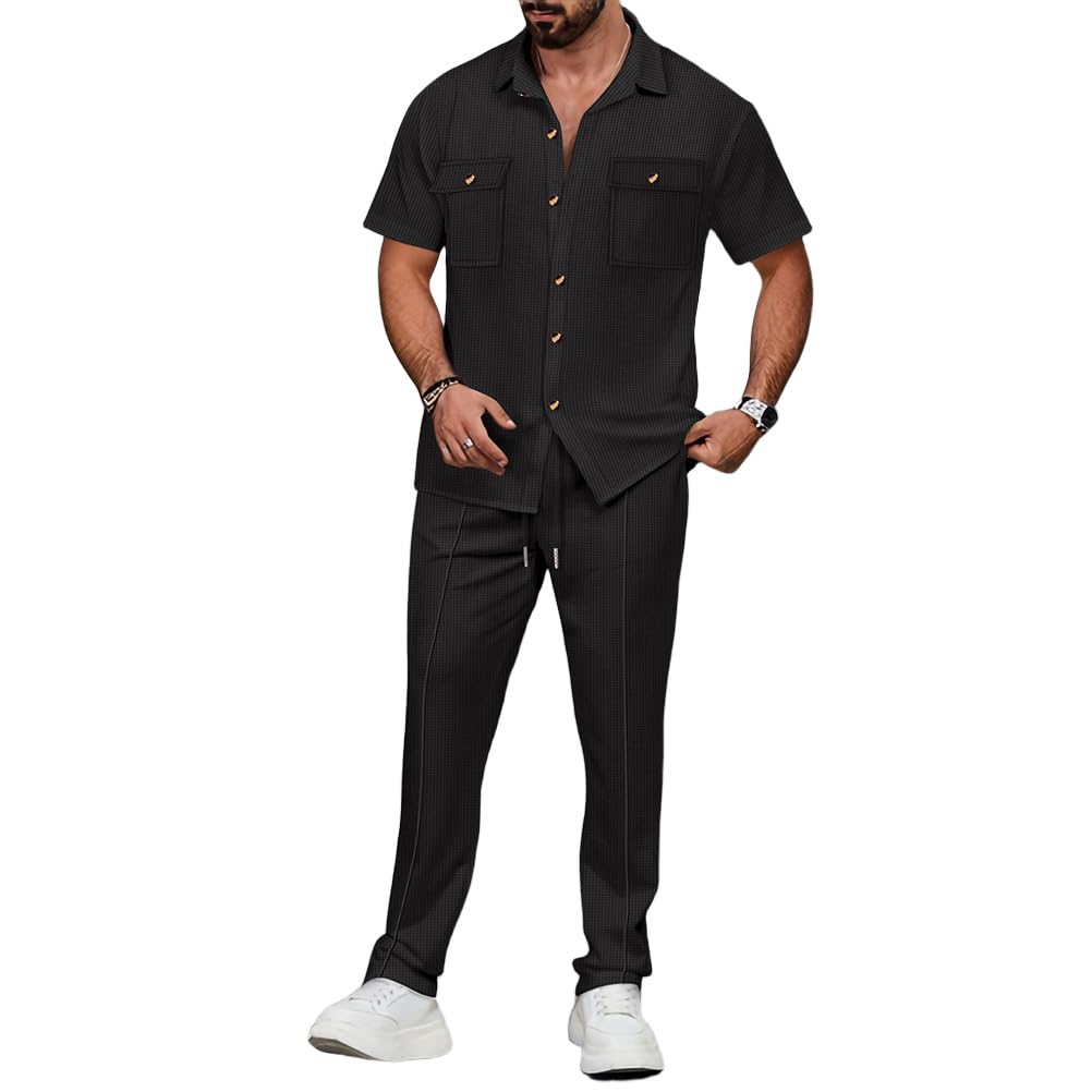 Homme Ensemble Casual Chemises Polos Hauts à Manches Courtes Mode 2 Pièce Survêtement Jogging Été T-Shirt Chemisette et Pantalons pour Vacance Loisir