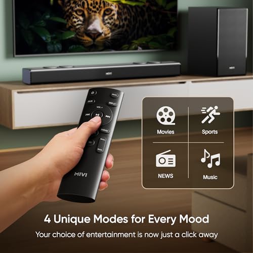 Image of Mivi Fort Q350 Soundbar with 350W Surround Sound, 2.1 Channel soundbar with a Wireless External subwoofer, Multiple EQ and Input Modes, Remote Accessibility, BT v5.3, Made in India Sound bar for TV