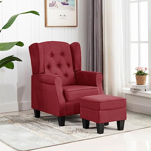 Tonture Sillón rojo vino con reposapiés, tapizado en tela, marco de madera, 68 x 78 x 94 cm, cómodo sillón para salón, dormitorio, rincón de lectura, cómodo asiento