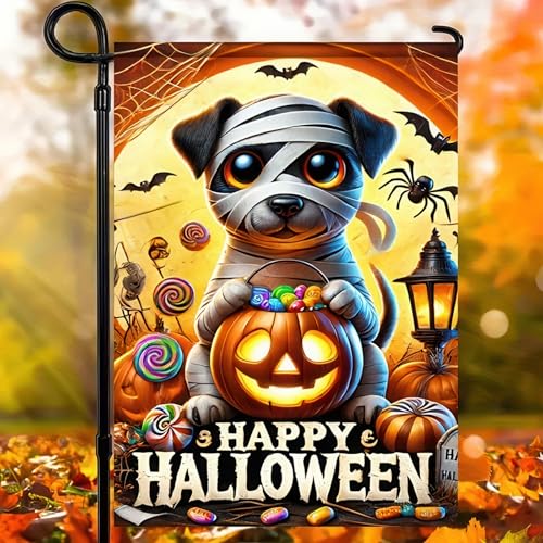 Image of Happy Halloween Garden Flag 12x18 Double Sided Mummy Puppy Ghost Skeleton Dog Garden Flag Candy Trick or Treat Pumpkin Flag Halloween Decorations Banner Fall Decor Outdoor Lawn Yard Flag