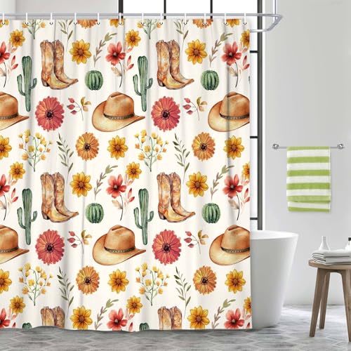 Xiaoput West Floral Shower Curtain, Retro Flower Western Cowboy Boots Hats Cactus Western Aesthetics Bath Curtain Plant Bath Curtain Bathroom Accessories Decor with 12 Hooksn 70X70IN by Xiaoput - Used condition - Image 5