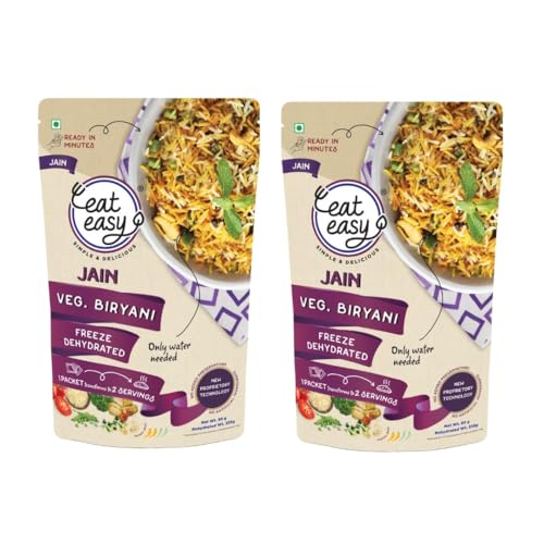 Image of Eat Easy Ready To Eat Jain Veg Biryani- 95gm (Pack of 2) | Freeze Dehydrated, No Moisture, Lightweight, Instant Spiced Vegetable Rice with Cow Ghee & Paneer | No Onion, No Garlic, Just Add Water & Cook Food for Quick Lunch, Dinner