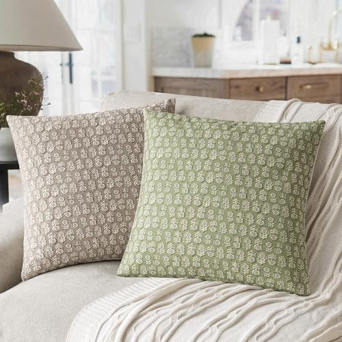 Image of Foindtower Set of 2 Decorative Neutral Floral Print Throw Pillow Covers Vintage Accent Farmhouse Cushion Covers Boho Home Decor for Sofa Couch Chair Bedroom Living Room Outdoor,20x20 Inch,Lime Green