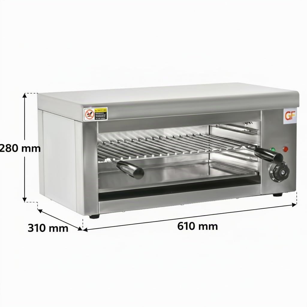 Salamandra Profesional Eléctrica 2000 W – Acero Inoxidable 18/10 – Temporizador 30 min – 50-300 °C – Uso Industrial Hostelería