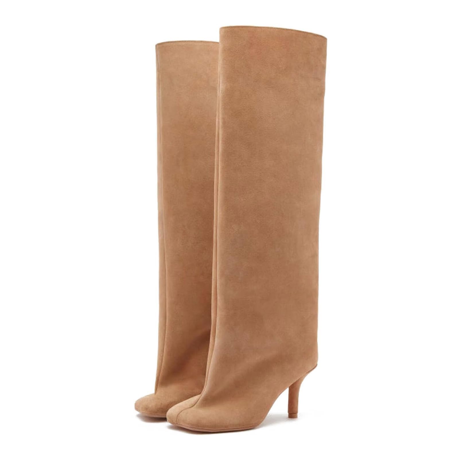 Womens Knee High Boots Nude Suede Wide Calf Stiletto Long Boots Pull On High Heel Riding Boots Fahion
