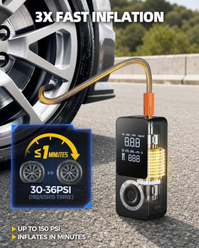 Image of 2026 Upgraded Tire Inflator Portable Air Compressor with 3X Fast Inflation, Auto Shut-off, LED Light, Type-C Charge, Long Runtime, 12V Car Power Adapter, Storage Box